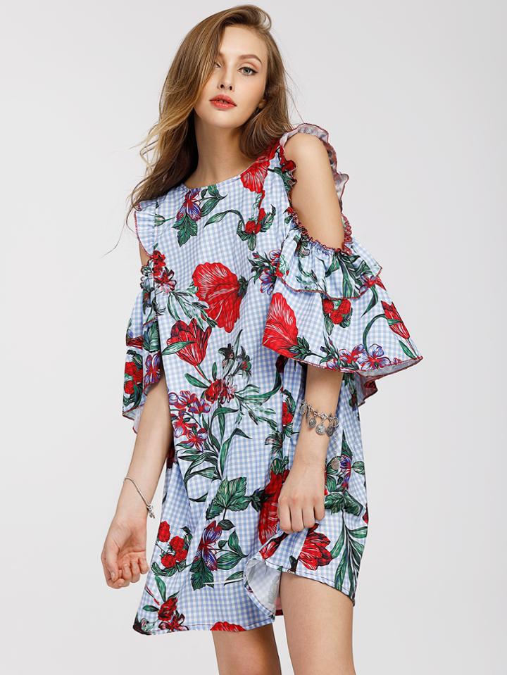 Romwe Jungle Print Gingham Open Shoulder Dress With Frill