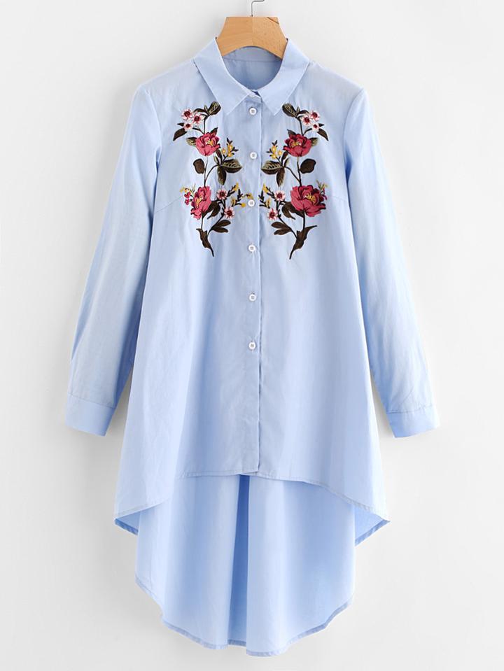 Romwe Flower Embroidered Dip Hem Longline Shirt