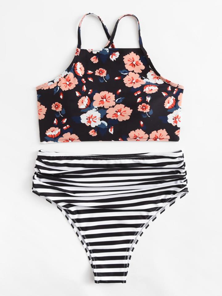 Romwe Mix And Match Lace Up Bikini Set