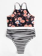 Romwe Mix And Match Lace Up Bikini Set