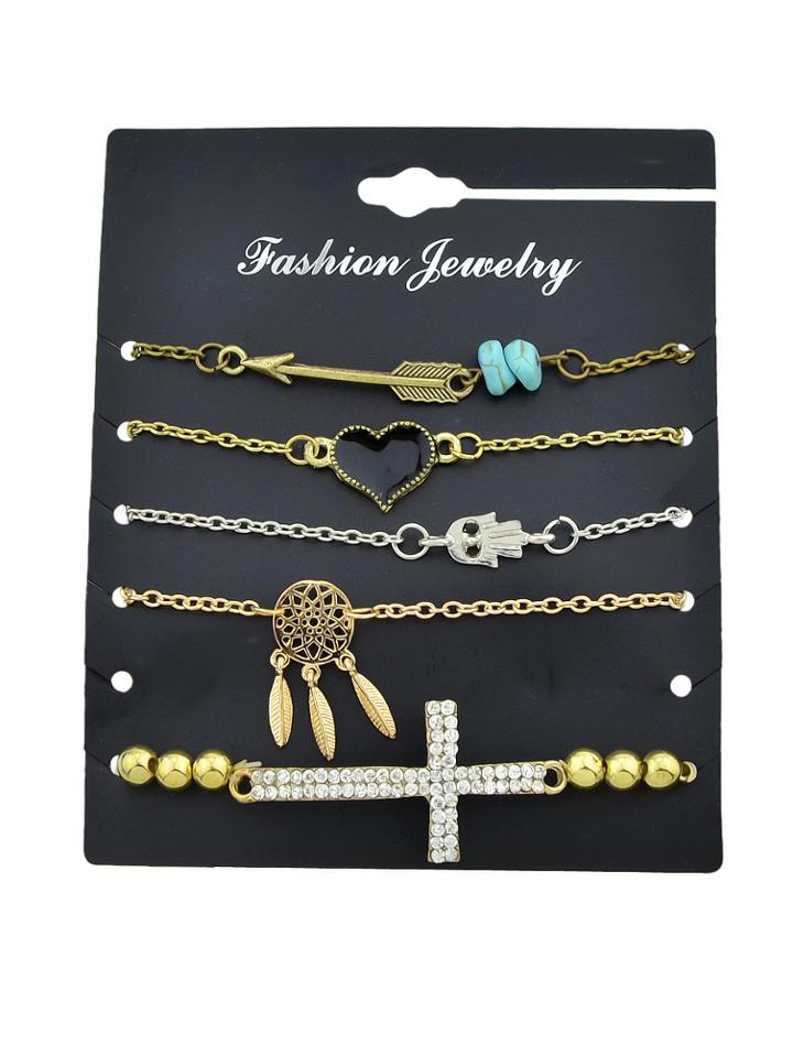 Romwe 5pcs/set Gold And Silver Retro Pendant Bracelet