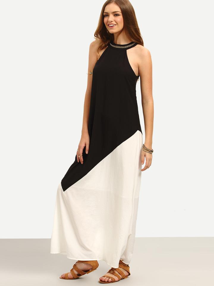 Romwe White Black Contrast Cutaway Keyhole Back Maxi Dress