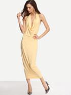 Romwe Cowl Neck Backless Shirred Dress - Yellow