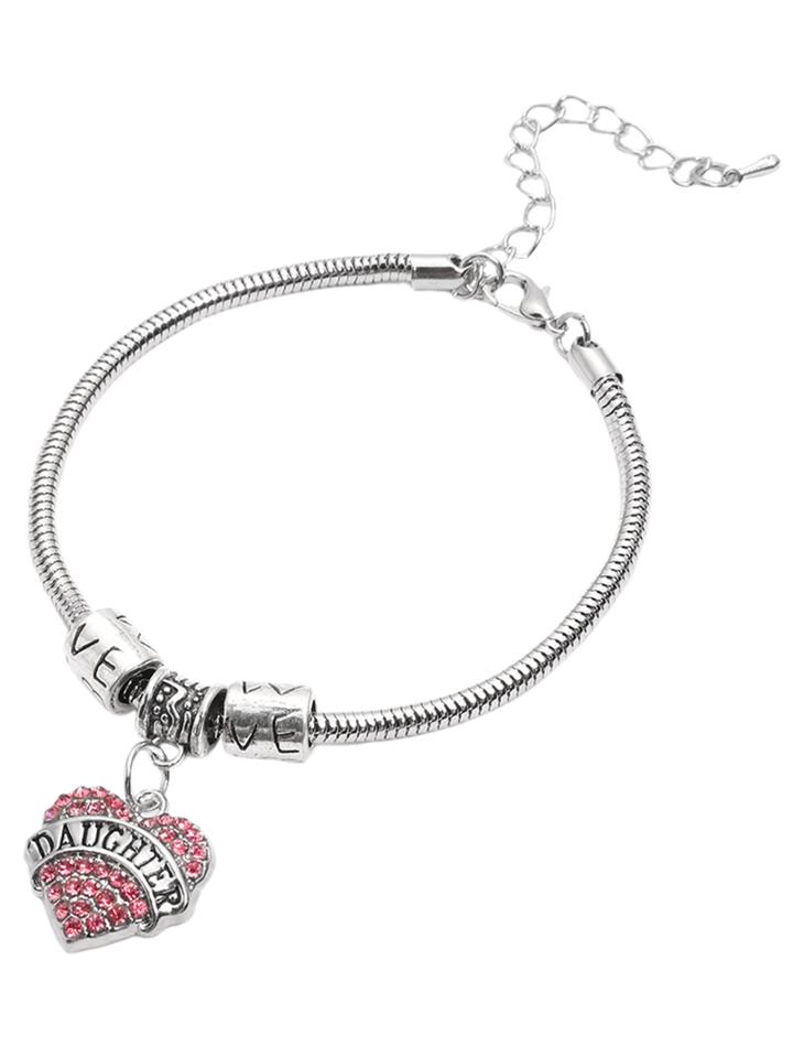 Romwe Pink Heart Rhinestone Daughter Lettering Pendant