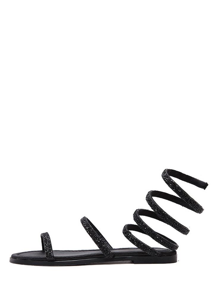 Romwe Black Open Toe Rhinestone Lace Up Sandals