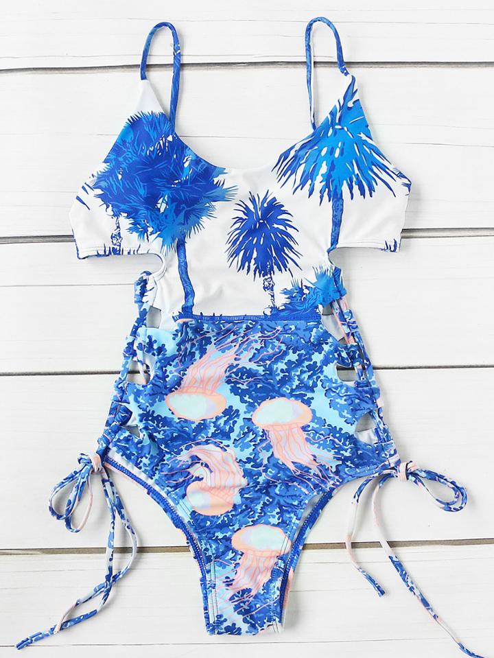 Romwe Graphic Print Side Lace Up One Piece Swimwear