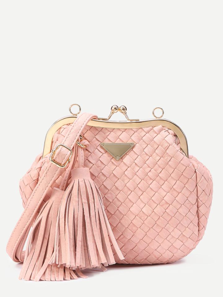 Romwe Pink Clip Frame Fringe Weave Crossbody Bag