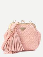 Romwe Pink Clip Frame Fringe Weave Crossbody Bag