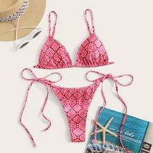 Romwe Snakeskin Print Triangle Top With Tie Side Bikini Set