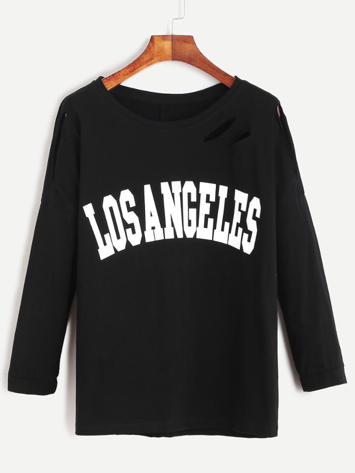 Romwe Black Slogan Print Cutout Drop Shoulder T-shirt