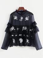 Romwe Tiered Ruffle Embroidered Mesh Blouse