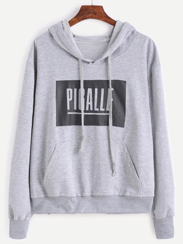 Romwe Light Grey Letter Print Drawstring Hooded Pocket Sweatshirt