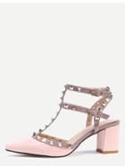 Romwe Nude Pointed Toe Metal Decorated Chunky Sandals