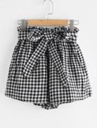 Romwe Checked Elastic Waist Self Tie Front Shorts