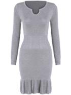 Romwe V Neck  Ruffle Hem Grey Sweater Dress
