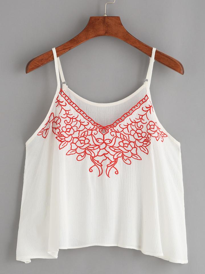 Romwe White Embroidered Crop Cami Top