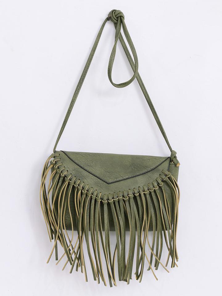 Romwe Faux Leather Fringe Flap Bag - Green