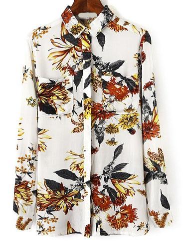 Romwe White Flower Print Blouses With Pocket