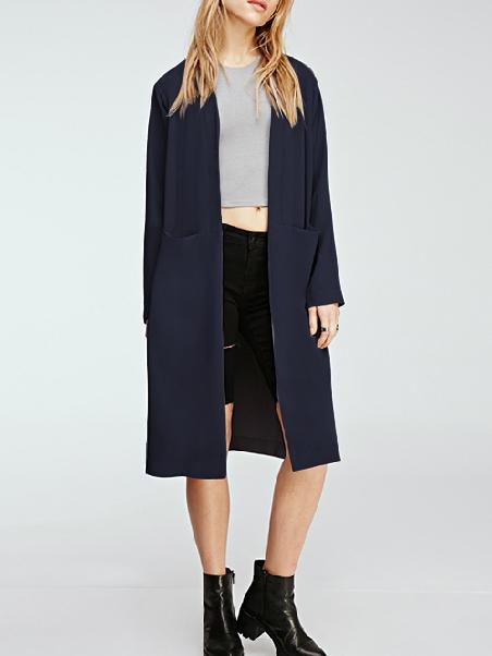 Romwe Pockets Slit Side Long Blue Coat