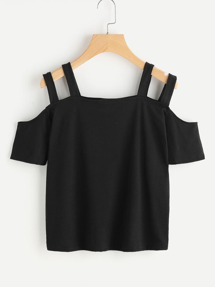 Romwe Open Shoulder Double Strap Tee