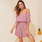 Romwe Cold Shoulder Half Placket Ruffle Romper