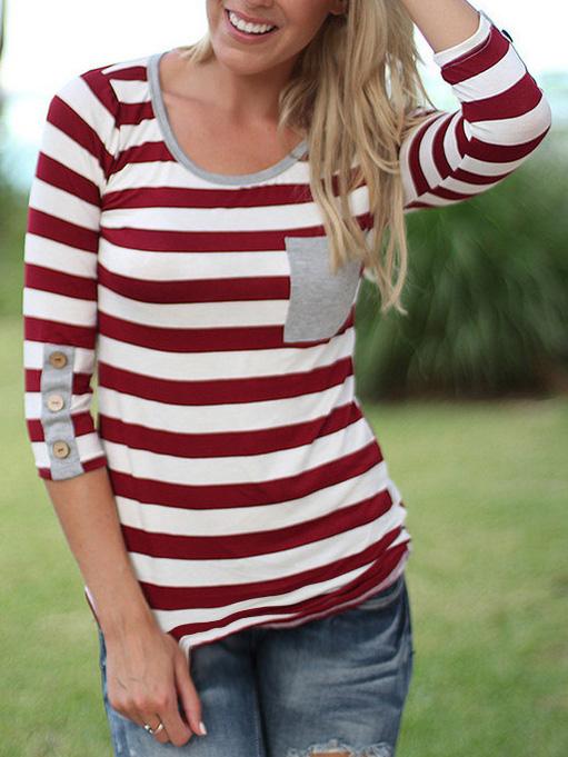 Romwe Round Neck Striped Pocket Slim T-shirt
