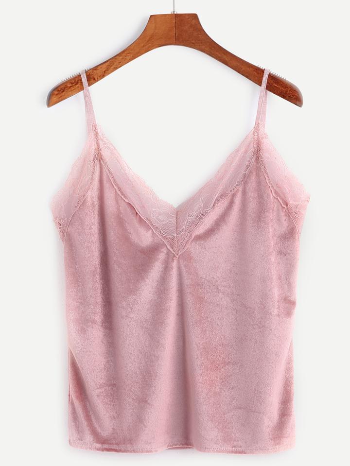 Romwe Pink Contrast Lace Trim Velvet Cami Top