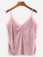 Romwe Pink Contrast Lace Trim Velvet Cami Top