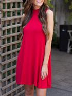 Romwe Red Mock Neck Sleeveless Dress