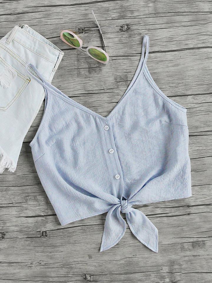Romwe Button Placket Knot Front Cami Top