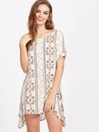 Romwe Floral Print Random Hanky Hem Dip Hem Dress