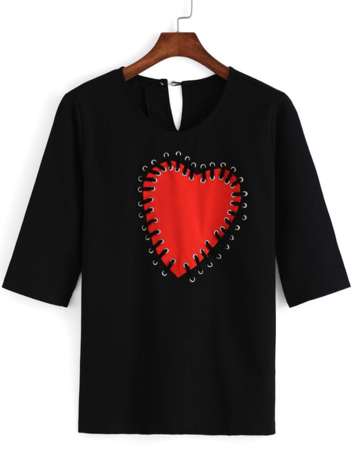 Romwe Heart Patch Black T-shirt