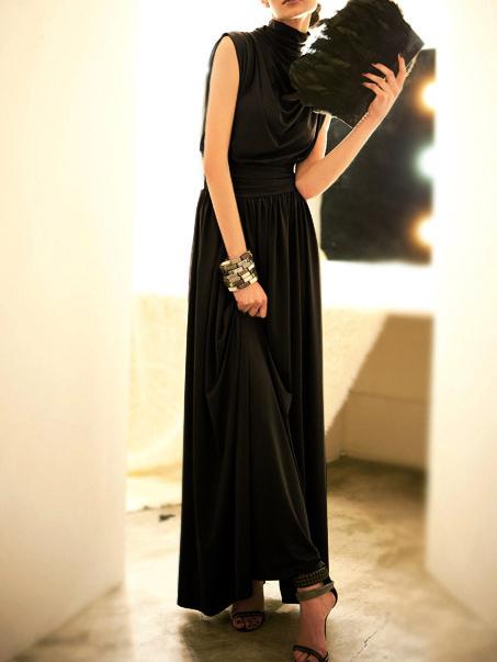 Romwe High Neck Sleeveless Pleated Maxi Black Dress