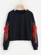 Romwe Rose Embroidered Applique Sleeve Sweatshirt