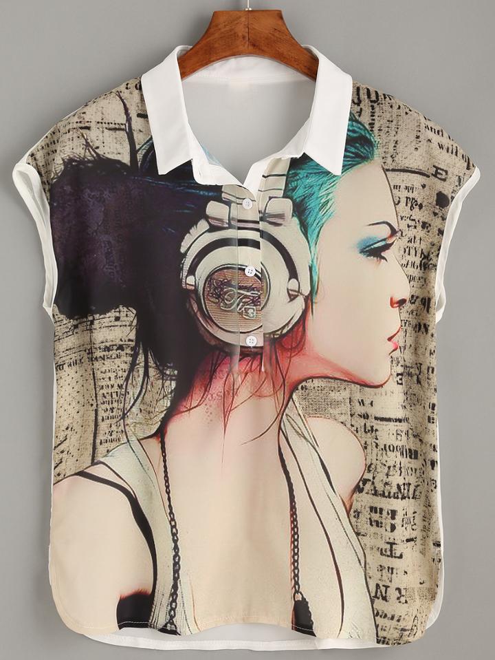 Romwe Multicolor Portrait Print Chiffon Blouse