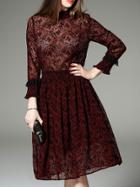 Romwe Burgundy Pleated Vintage Print A-line Dress