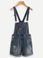 Romwe Destroyed Rolled Cuff Denim Dungaree Shorts