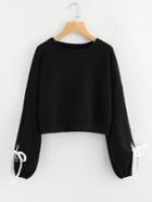 Romwe Ribbon Tie Detail Drop Shoulder Crop Pullover