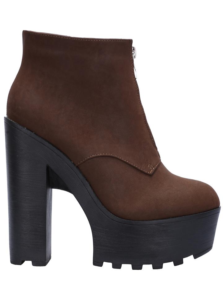 Romwe Brown Zipper Platform Chunky Pu Boots