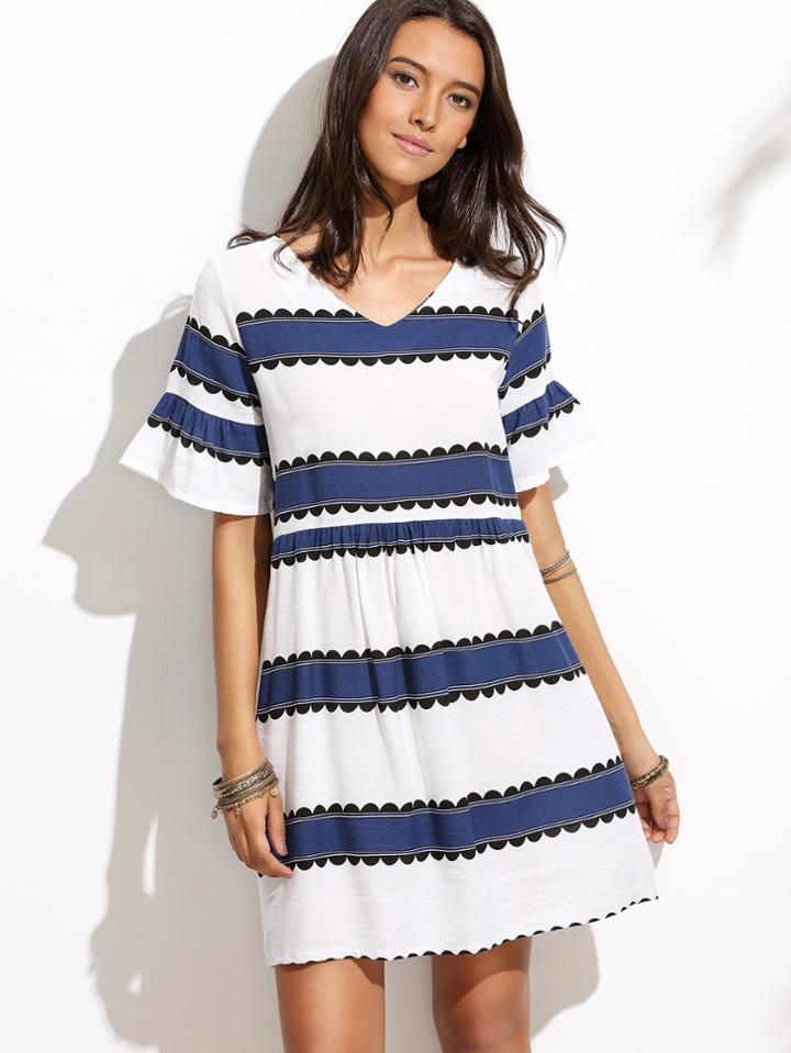 Romwe V Neck Ruffle Sleeve Striped Dress