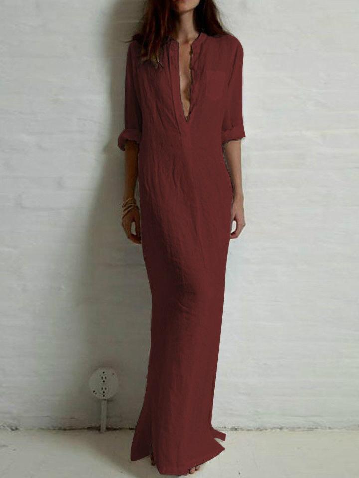 Romwe Deep V Neck Pocket Maxi Burgundy Dress