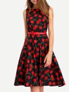 Romwe Cherry Print Fit Flare Dress