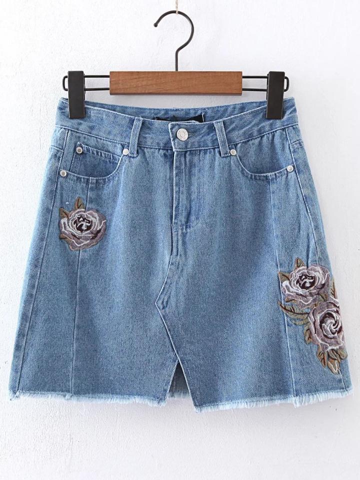 Romwe Blue Flower Embroidery A Line Denim Skirt