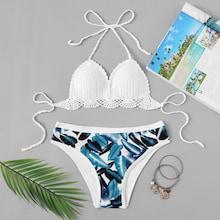 Romwe Crochet Top With Tropical Print Bikini Set