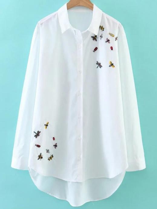 Romwe White Embroidered Single Breasted High Low Blouse