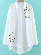 Romwe White Embroidered Single Breasted High Low Blouse