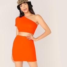 Romwe Neon Orange One Shoulder Ribbed Crop Top & Bodycon Skirt Set