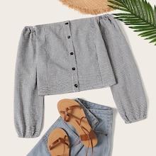 Romwe Plaid Print Single Breasted Off The Shoulder Blouse