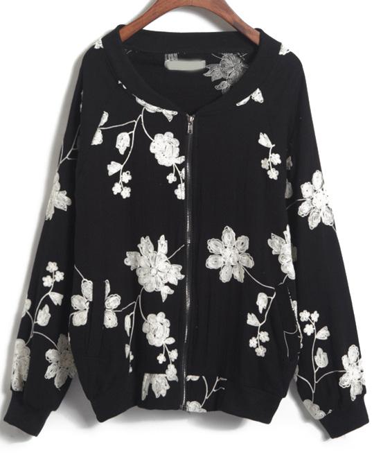 Romwe Rose Embroidered Loose Black Jacket