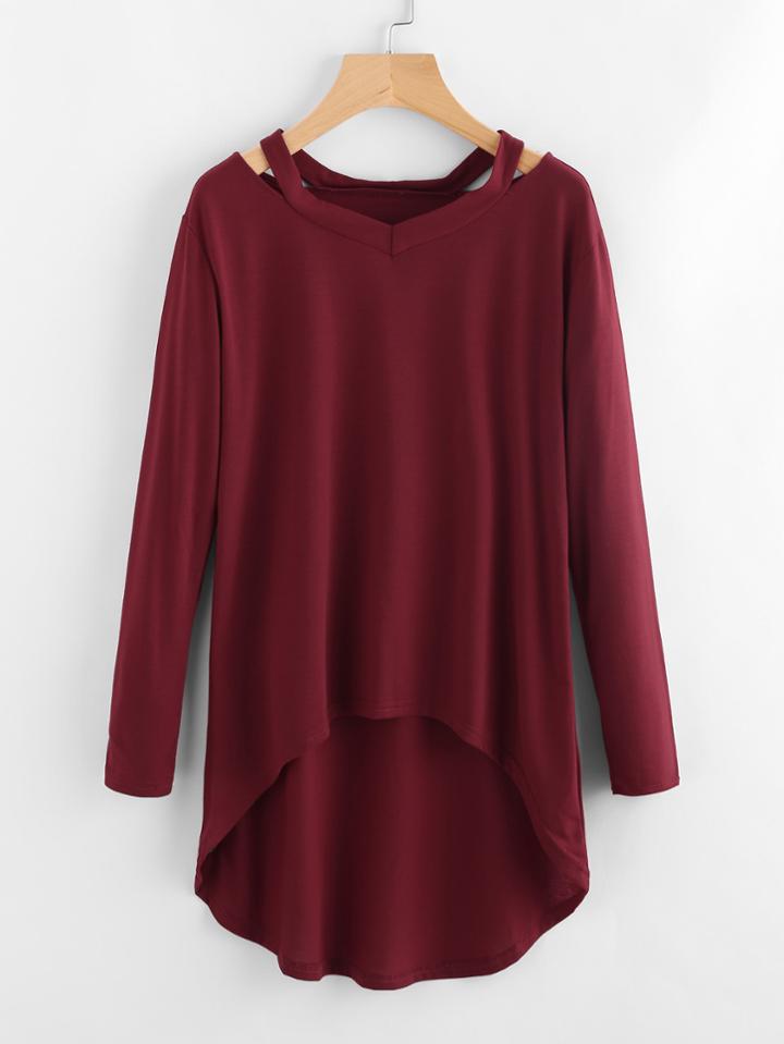 Romwe Cut Out V Neckline Dip Hem Tee